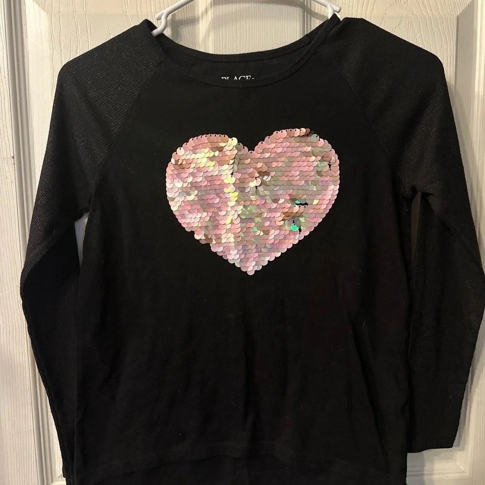 Black Kids Shirt with Pink Sequin Heart by The Children's Place Size L (10-12)